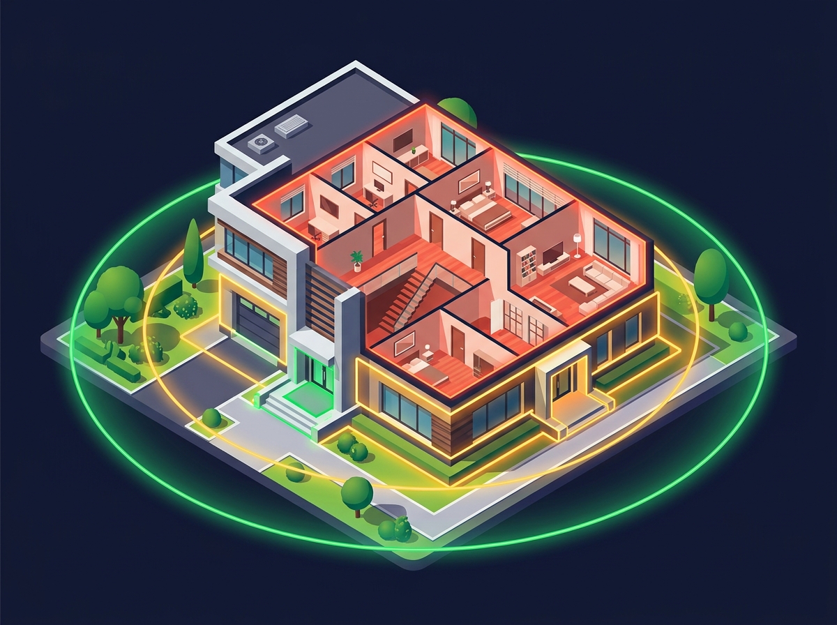Ilustração isométrica das 3 Zonas de Defesa PROTEGE: Interior (vermelho), Perímetro (amarelo) e Exterior (verde)